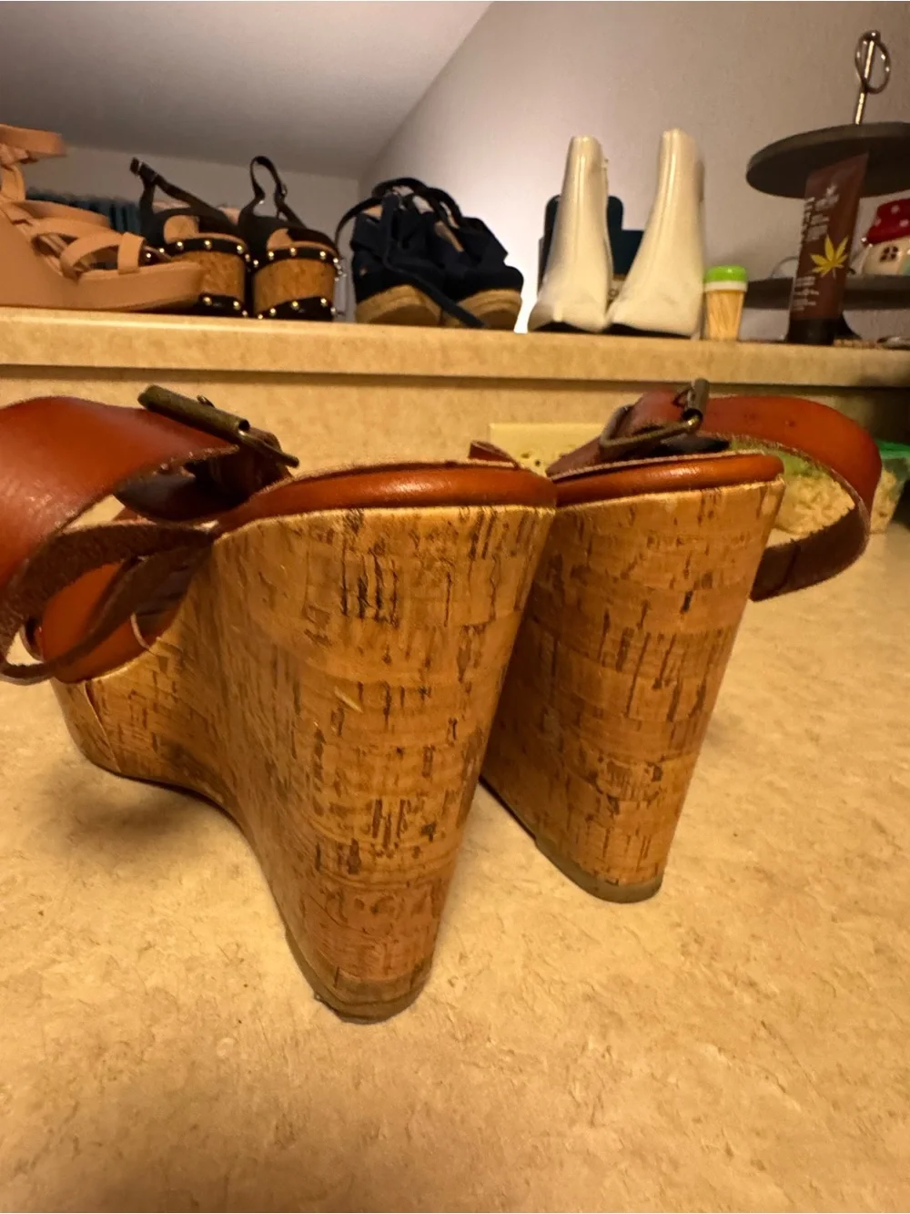 Women's Brown Leather Cork Wedge Sandals Size 10